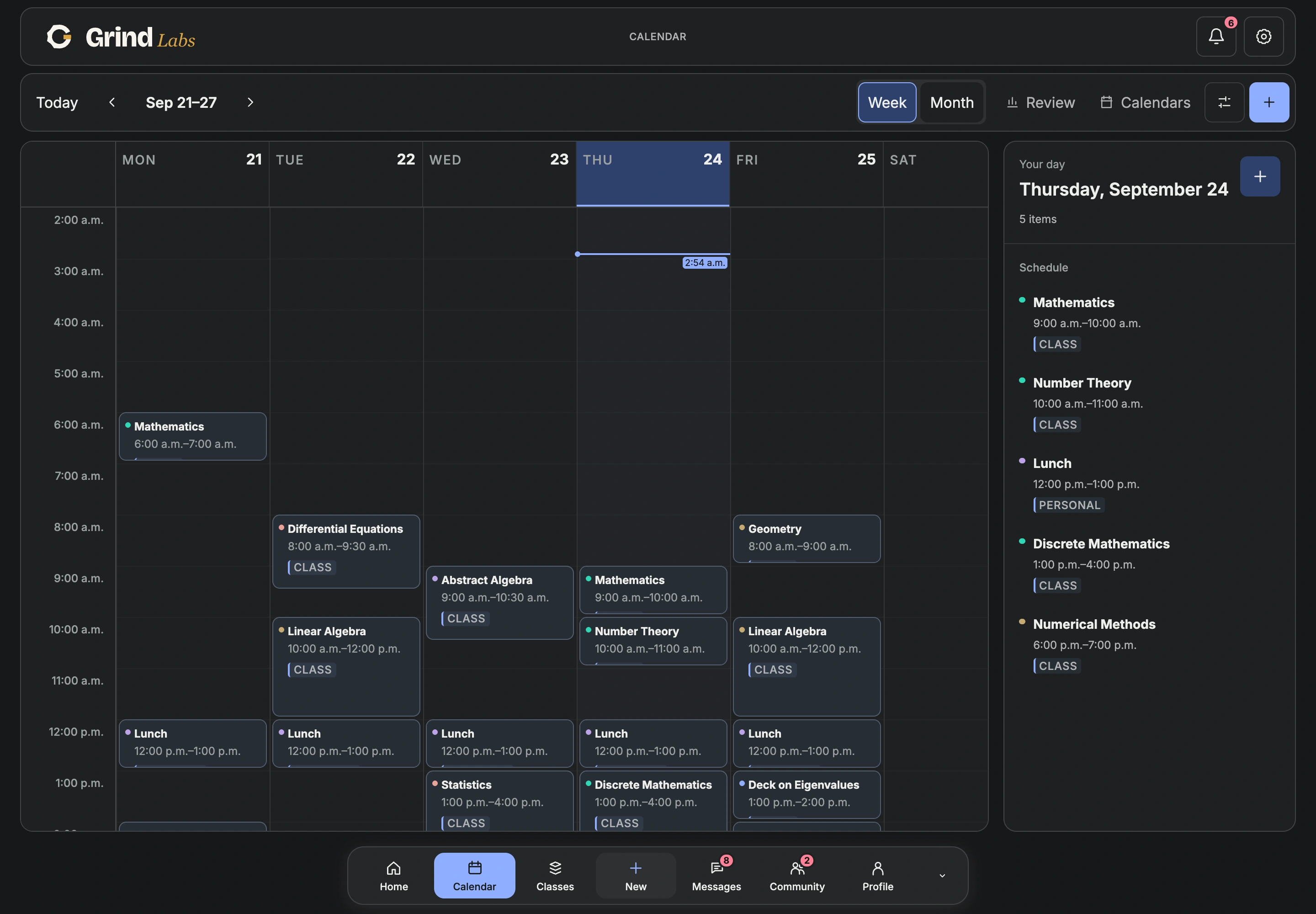 The current Grind Labs Calendar in dark mode