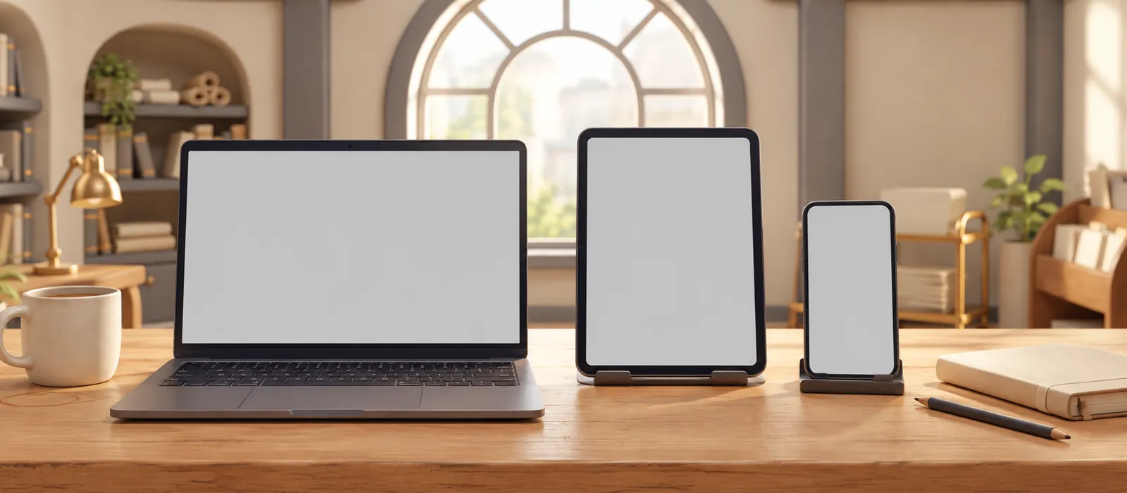 A laptop, an iPad and a phone side by side on a desk