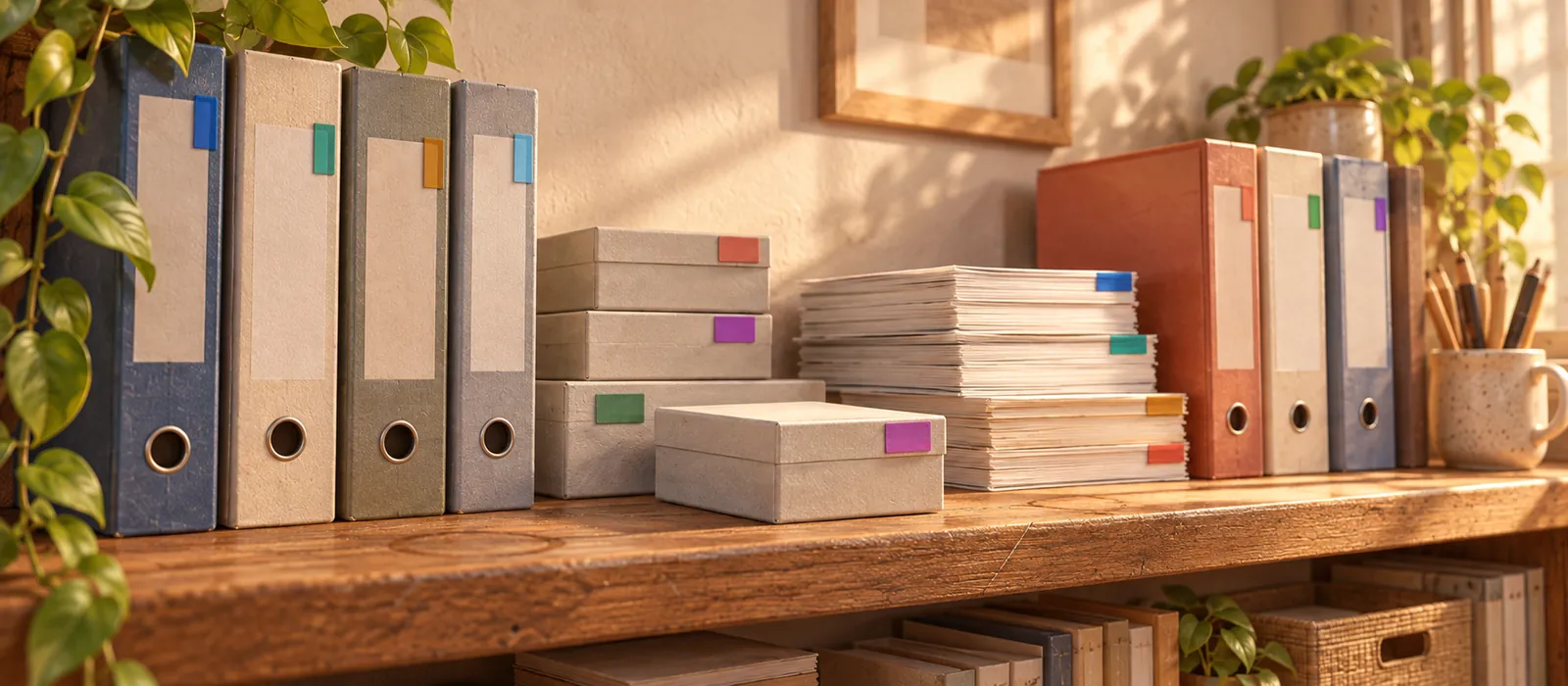A long wooden shelf of decks, note binders and practice packs, each with a coloured tab