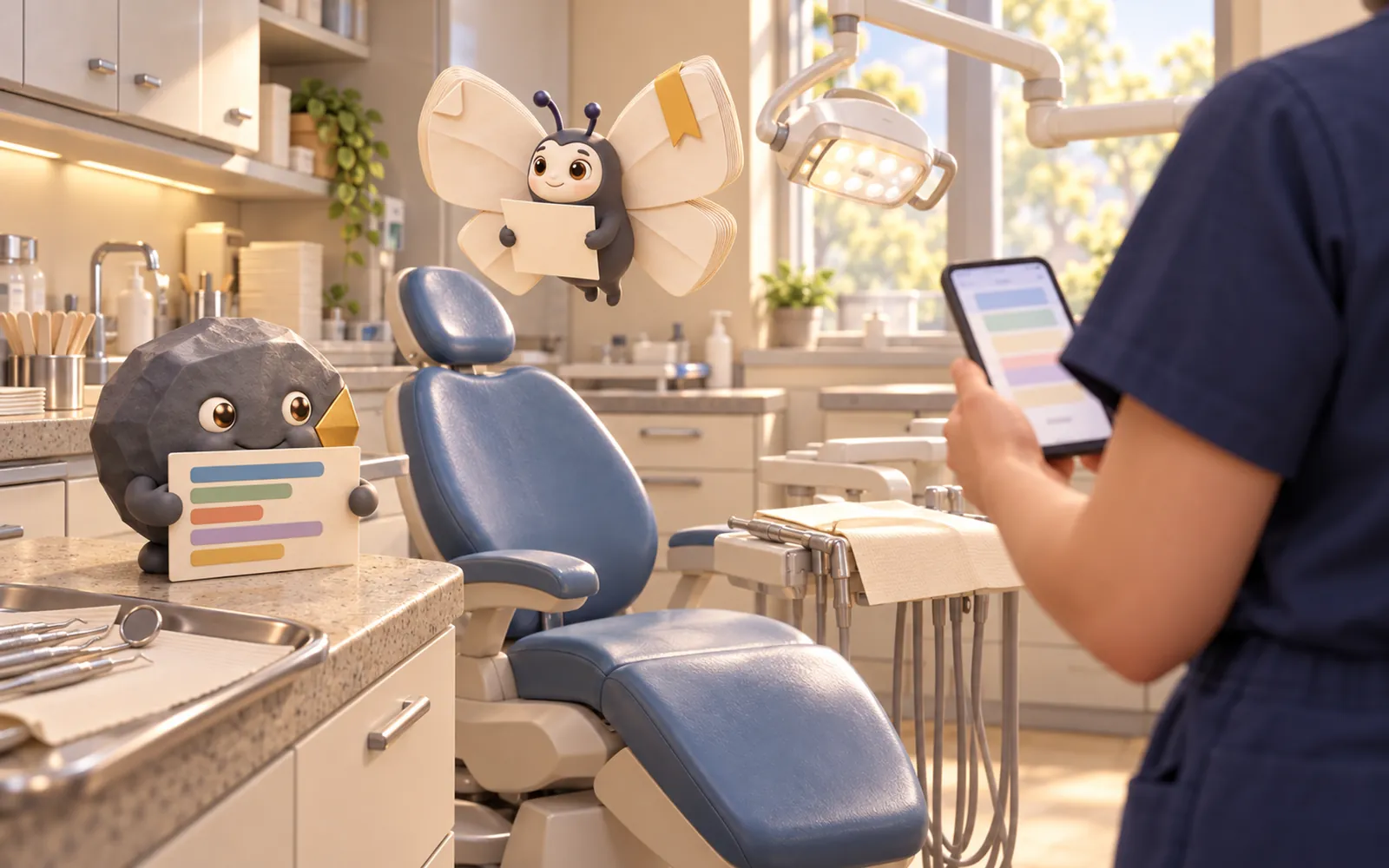 A dental student between patients checks tomorrow’s reminders on a phone while Stone holds the quota board