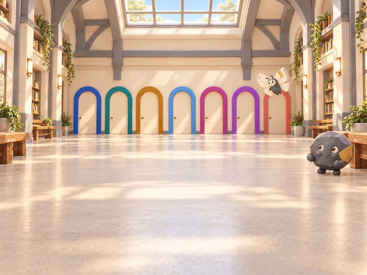 A bright study hall with one door per app, each in its app colour, as Stone and Butterfly arrive