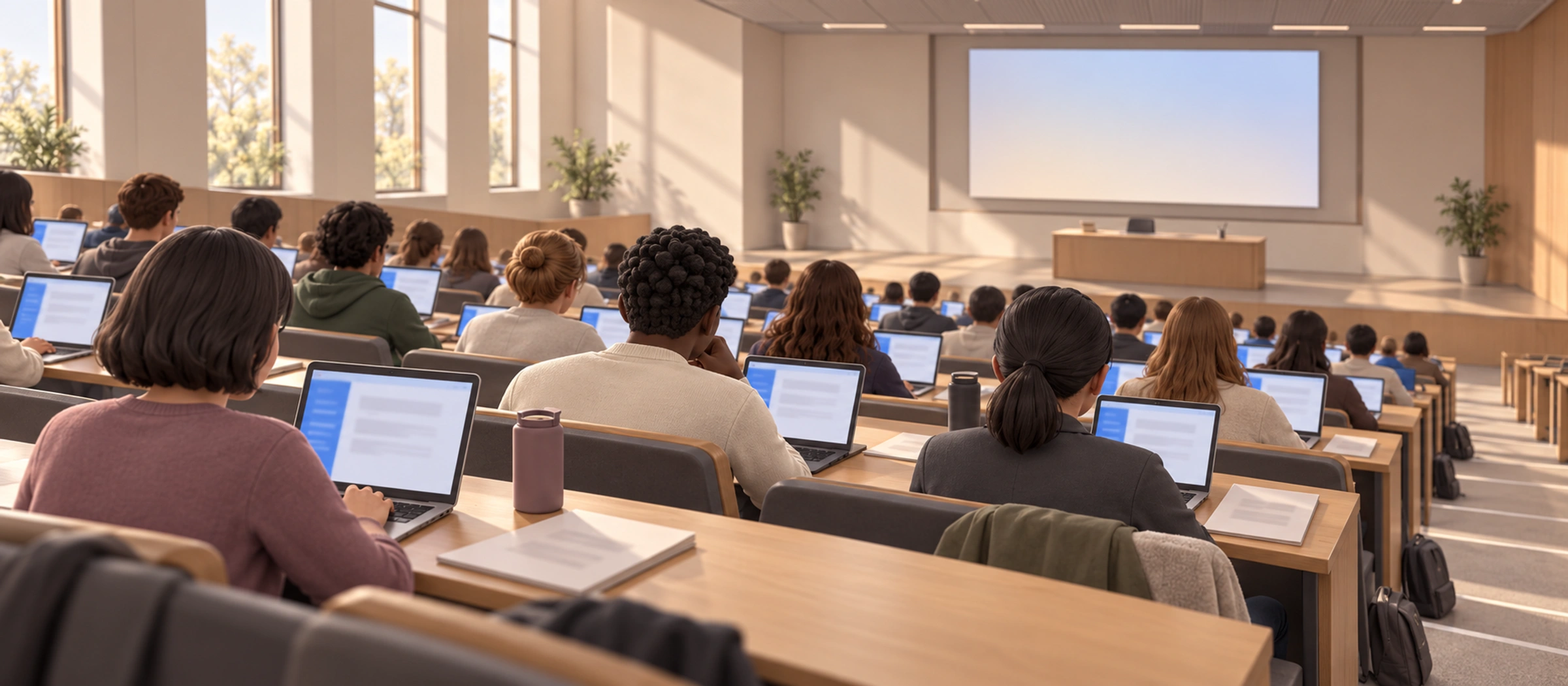 A lecture hall from the back rows, students with laptops open to the same course