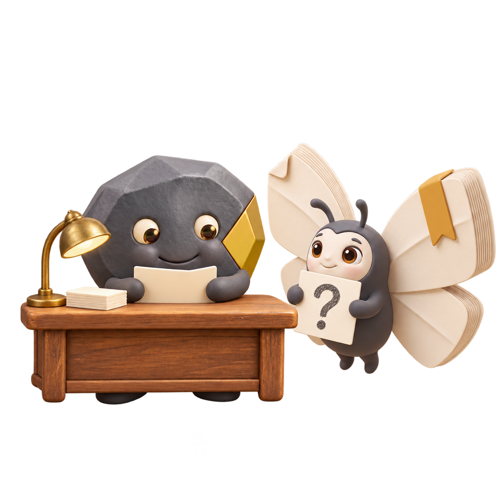 Stone at a small help desk, Butterfly holding up a question card
