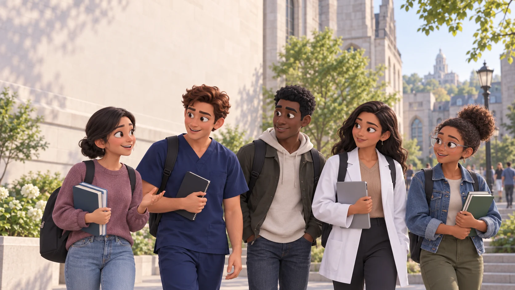 Five students talk as they walk through an illustrated university courtyard.