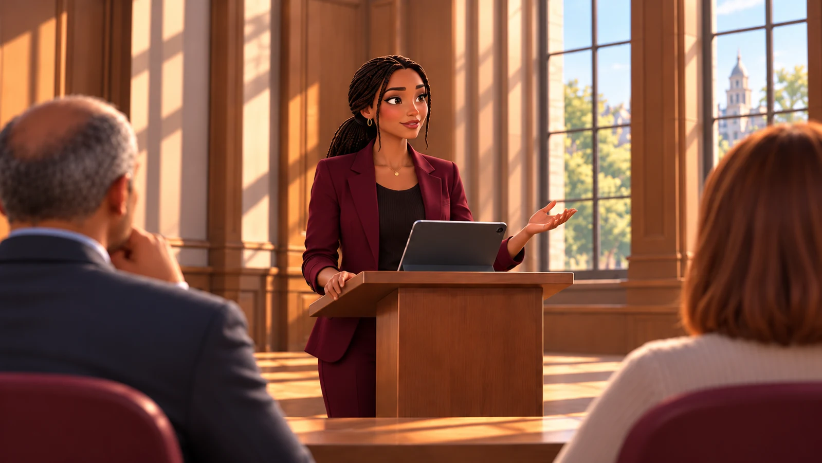A law student presents an argument to a small audience.