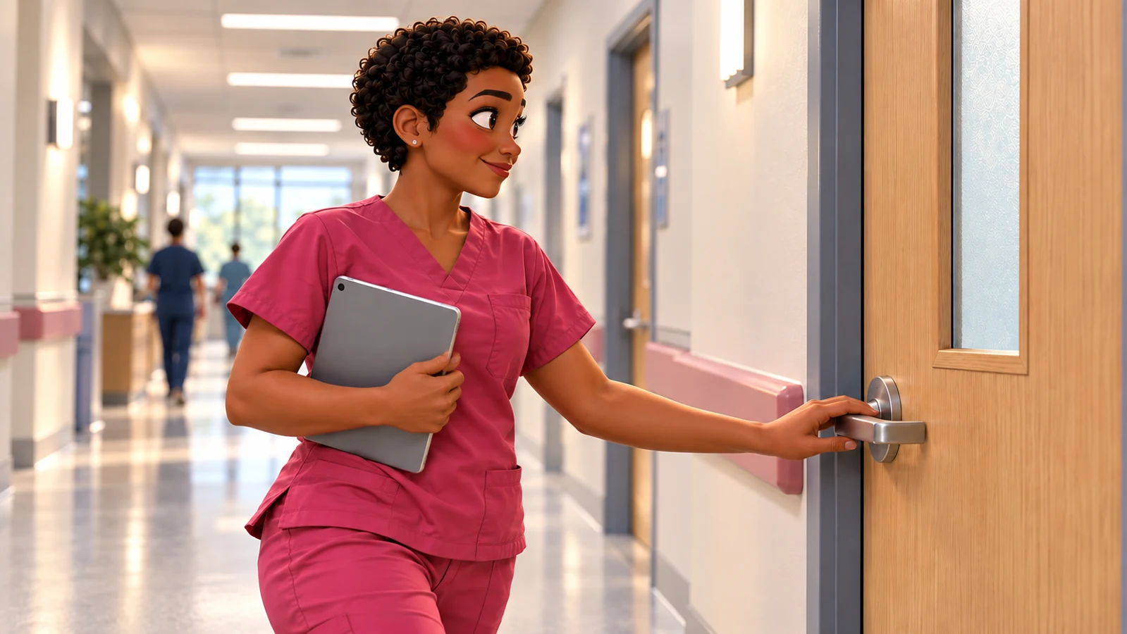 A nursing student with a tablet walks through a hospital corridor.